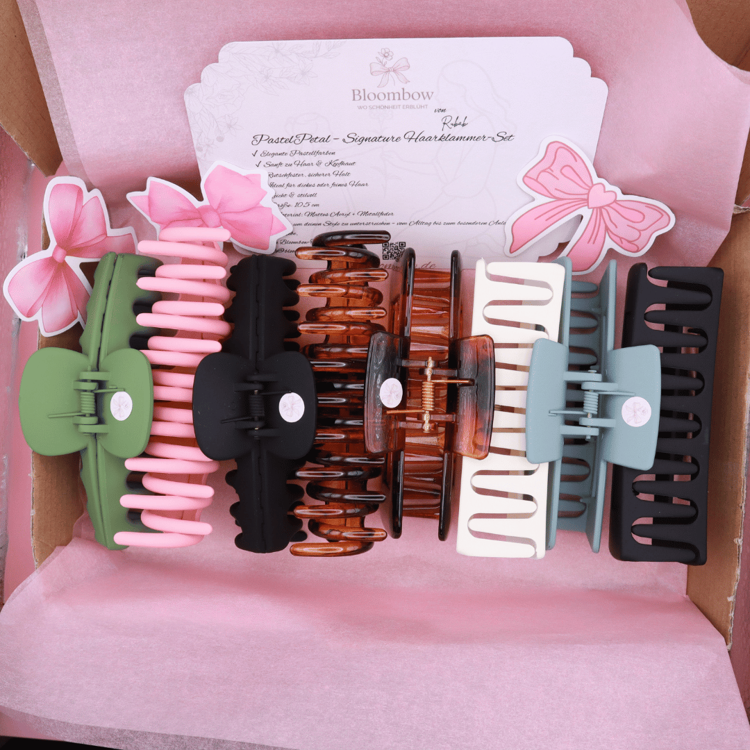 PastelPetal Haarklammer Set with pastel-colored, sturdy claw clips in various shades, eco-friendly packaging, and hand-packed in Germany.