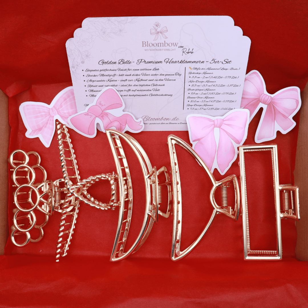 Golden Belle Signature Claw Clip Set with five elegant gold-colored metal hair clips in various designs for strong, stylish hold.