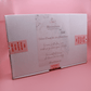 White rectangular box packaging of Golden Belle Signature Claw Clip Set by Bloombow with red tape and a thank you note on pink background